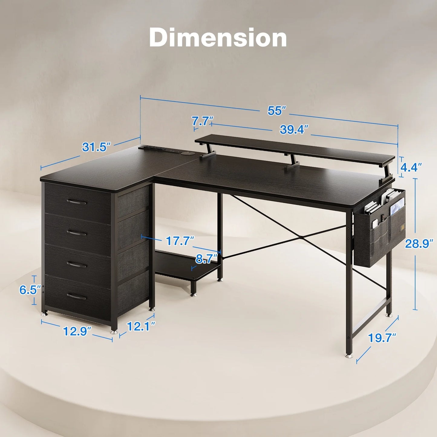 L Shaped Gaming Desk, 55 inch Corner Computer Desk with Power Outlet & USB Charging Port, Modern Writing Desk with 4-Tier Drawer & Monitor Shelf for Home Office, Black