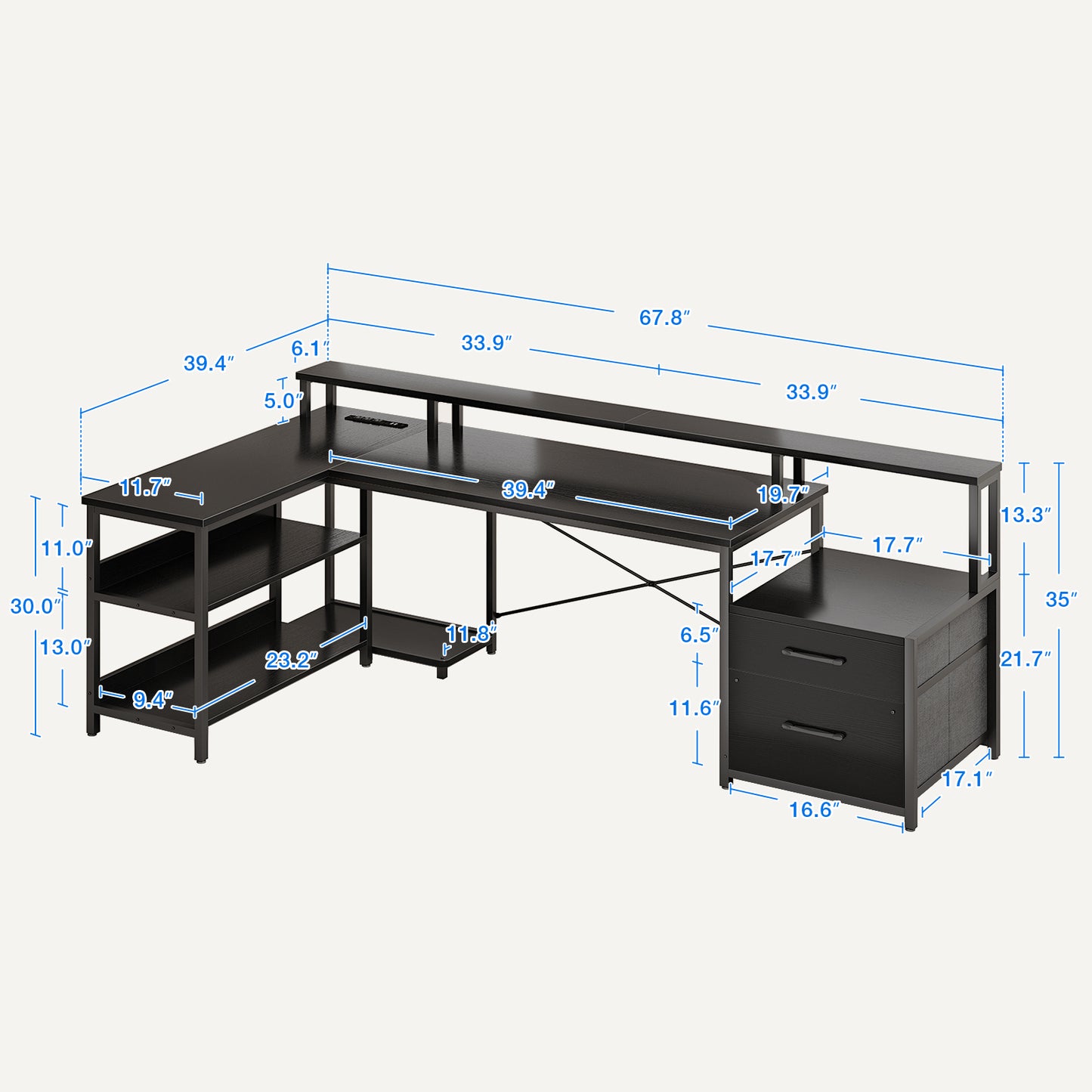 66" Reversible L Shaped Desk with File Drawer & Power Outlet, Modern Computer Desk with Keyboard Tray & LED Strip, Office Table with Storage Shelves, Gaming Desk with Monitor Shelf, Black