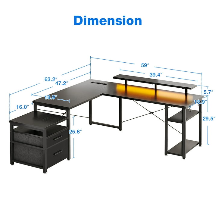 L Shaped Gaming Desk with Drawers, 59" Reversible Computer Desk with File Drawer, Corner Computer Desk with Storage Shelves & Monitor Stand, Home Office Desk Workstation, Black