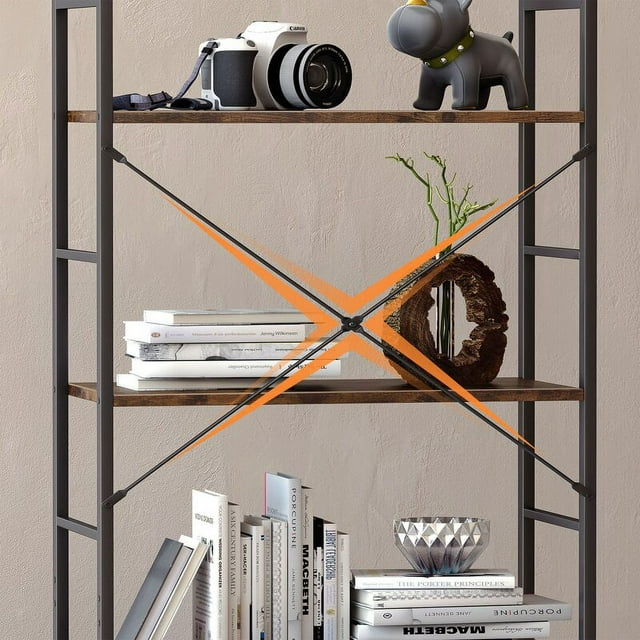 5 Tier Ladder Bookshelf, Industrial Open Bookcase Storage Organizer, Modern Tall Book Shelf for Bedroom, Living Room and Home Office, Rustic Brown