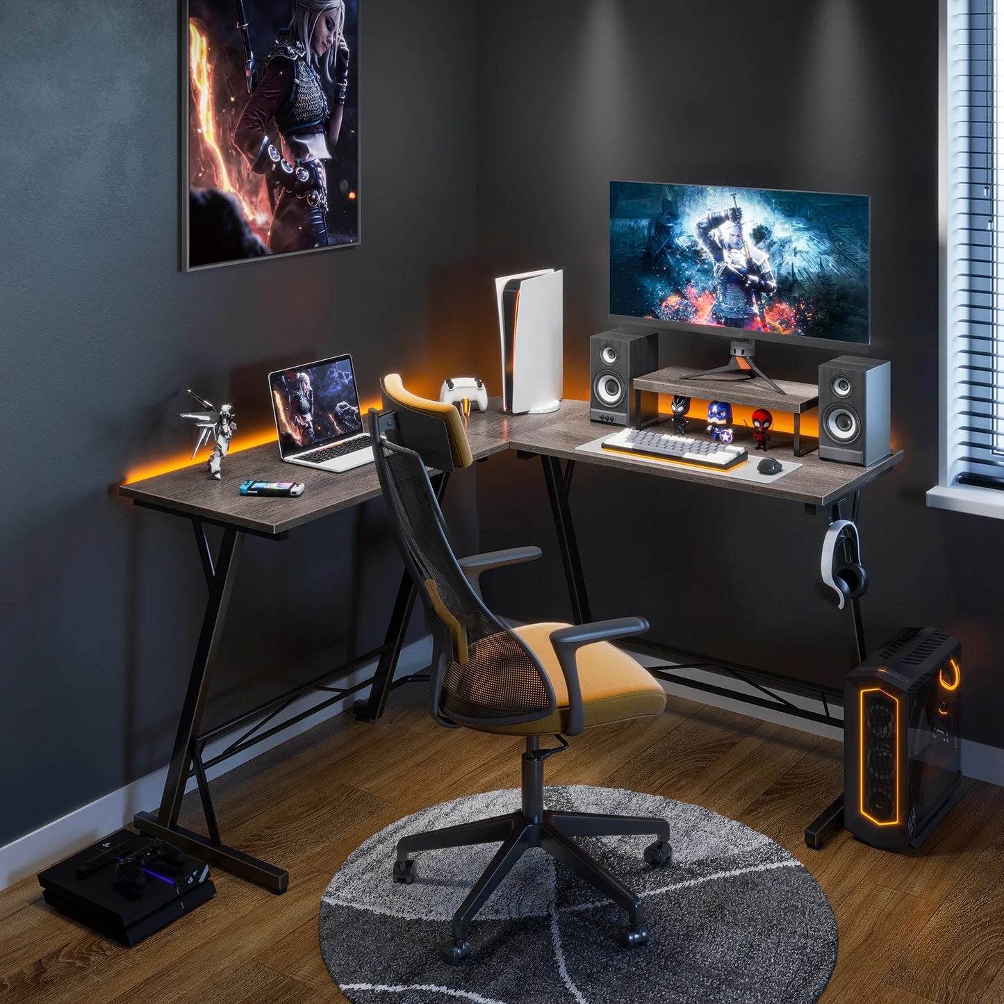 51 inch Gaming Desk with Removable Monitor Stand, L Shaped Computer Desk, Corner Desk for Home Office, Grey Oak