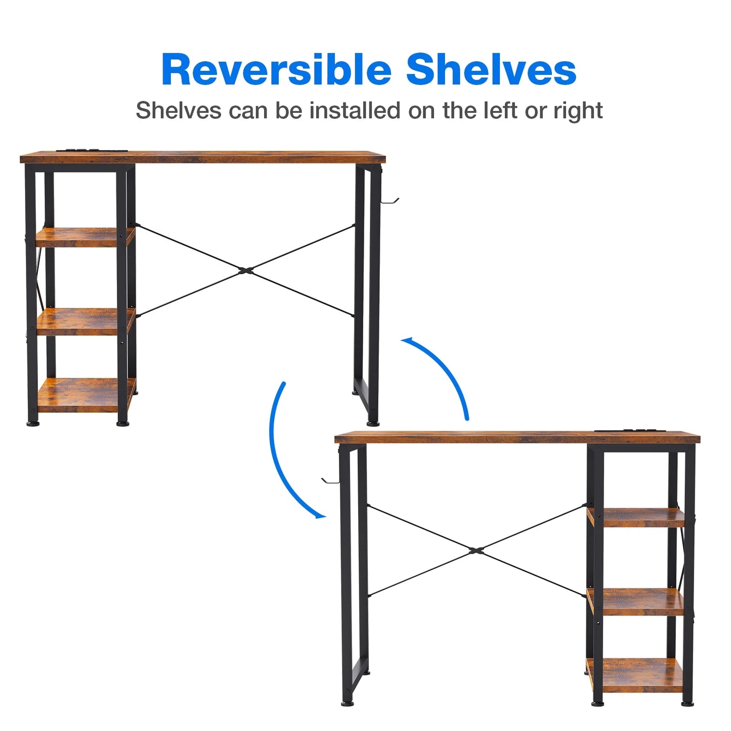 Modern 40 inch Writing Desk with 3 Tier Shelves for Small Space, Computer Table with Power Outlet & USB Charging Port, Vintage