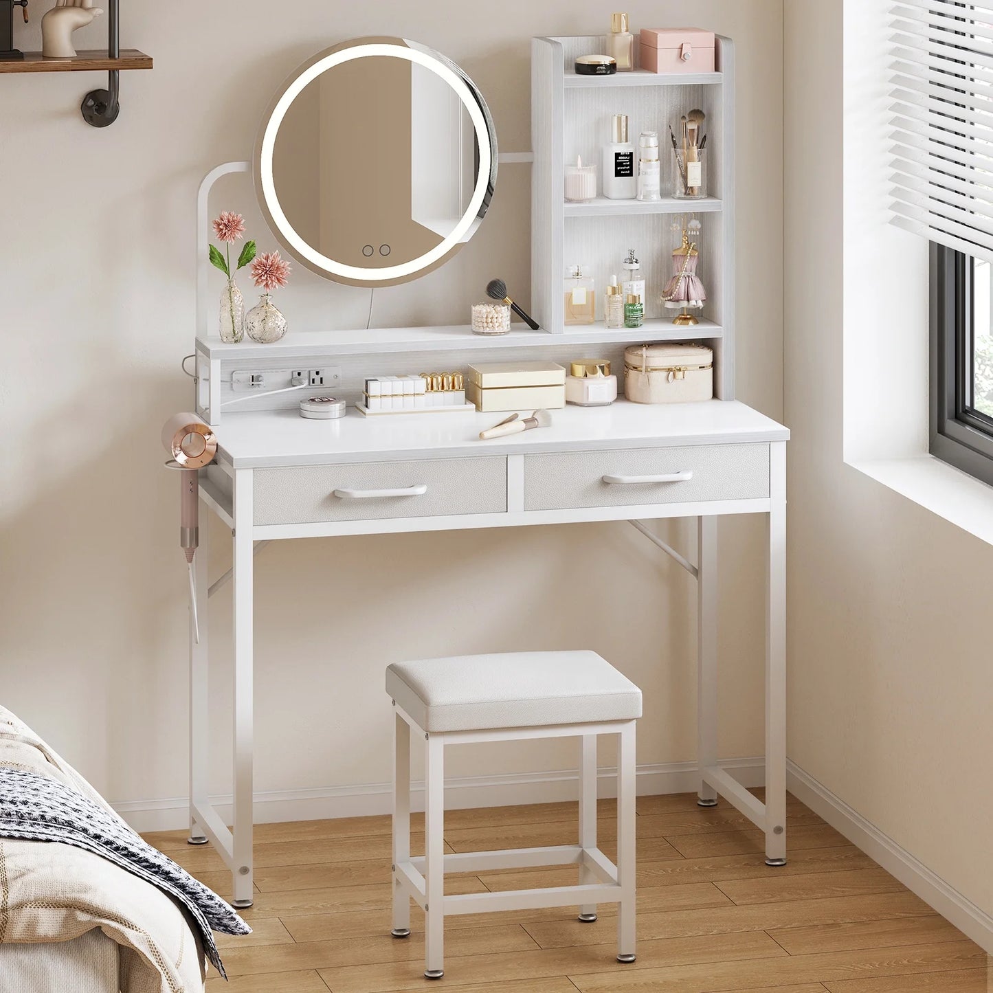 32 inch Small Vanity Desk with Charging Station & Mirror for Small Space, Make up Table with 2 Storage Drawers for Bedroom, Dressing Table with Storage Shelves, Pure White