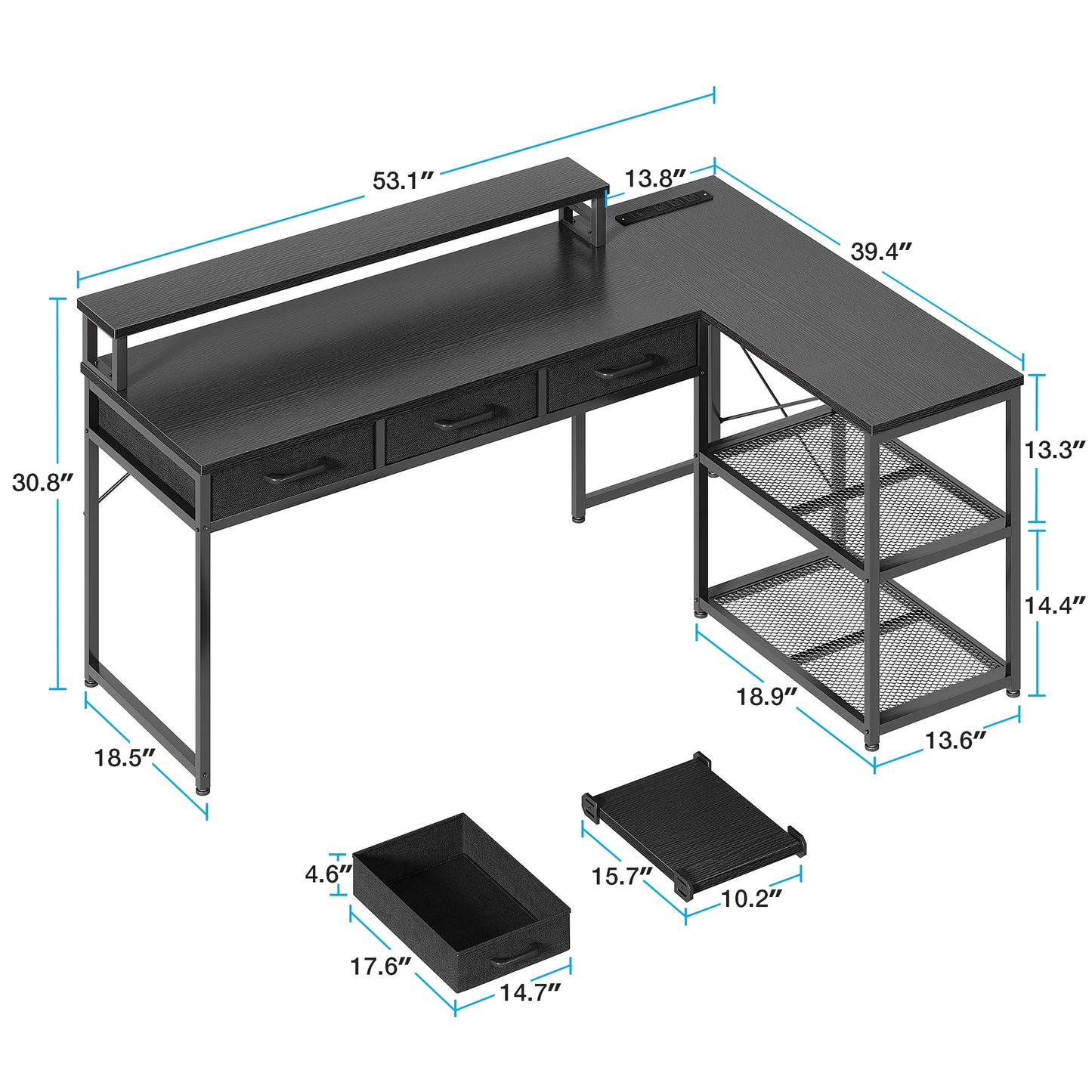 53 inch Reversible L Shaped Desk with Power Outlets & USB Ports for Office, Computer Gaming Desk with Monitor Stand & 3 Drawers, Corner Desk with Storage Space for Bedroom, Modern Black