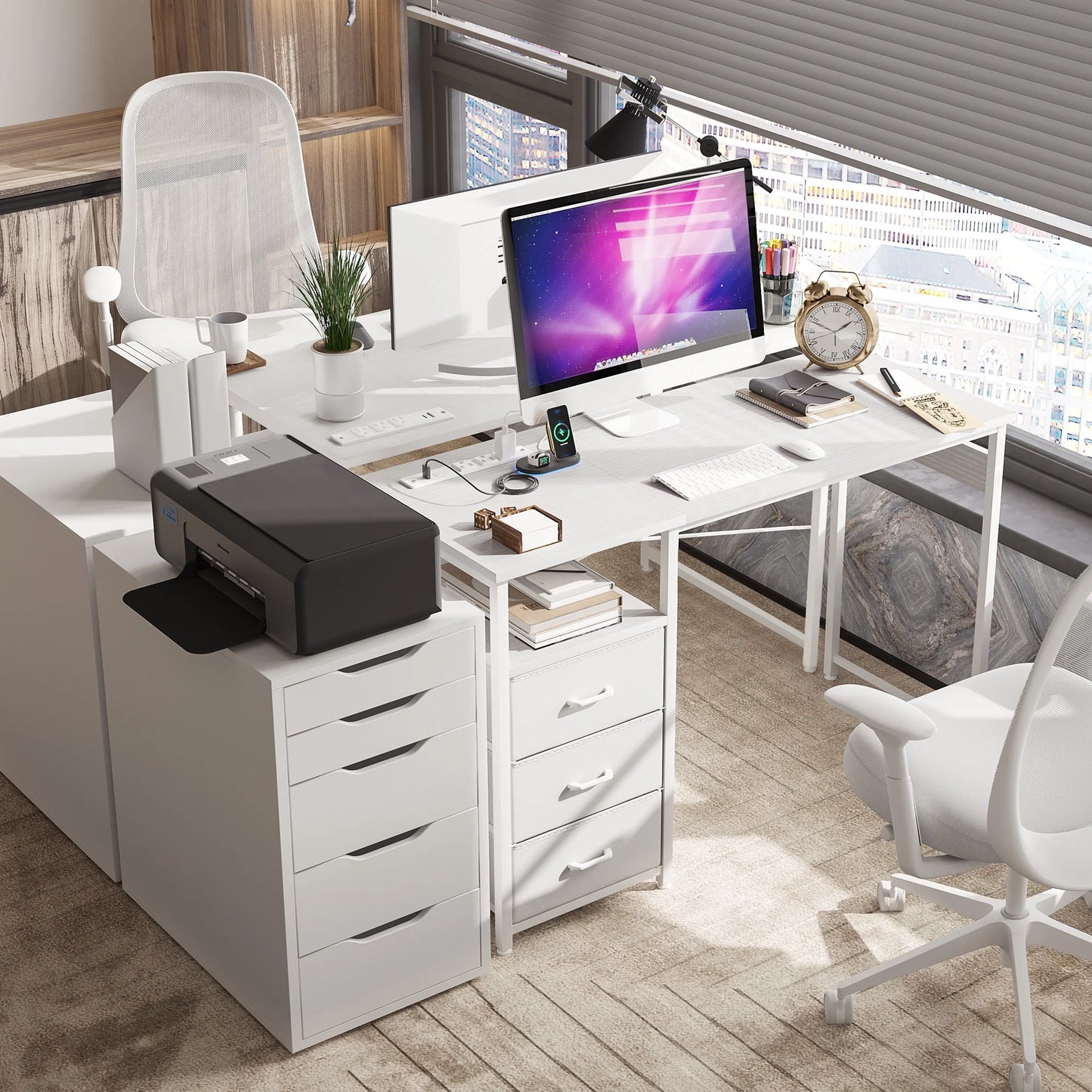 48 inch Computer Desk with Power Outlets, Home Office Desk with 3 Drawers, Writing Desk with Removable Monitor Shelf, Pure White