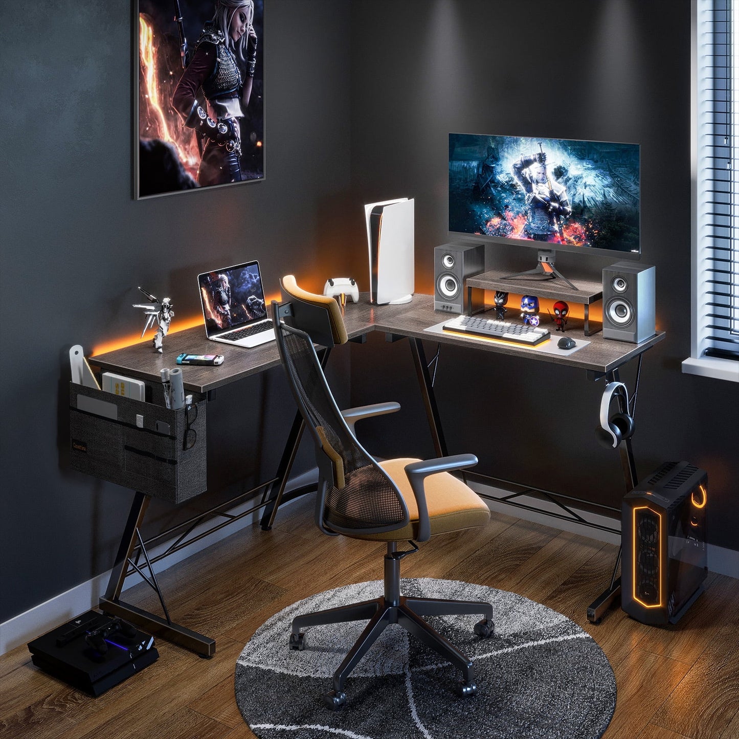 51 inch Gaming Desk with Storage Bag, L Shaped Computer Desk, Corner Desk for Home Office with Removeable Monitor Stand, Grey Oak