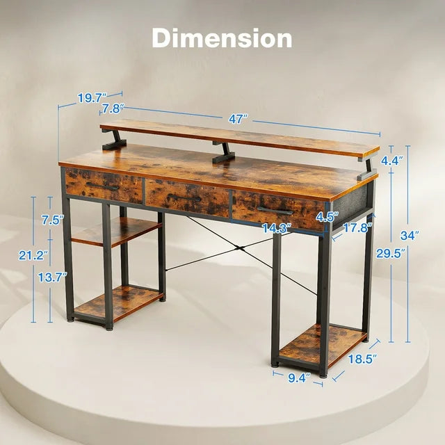 48 inch Modern Home Office Desk with 3 Drawers, Computer Desk with Monitor Stands, Small Writing Desk with Dual PC Mainframe Shelves for Storage, Vintage