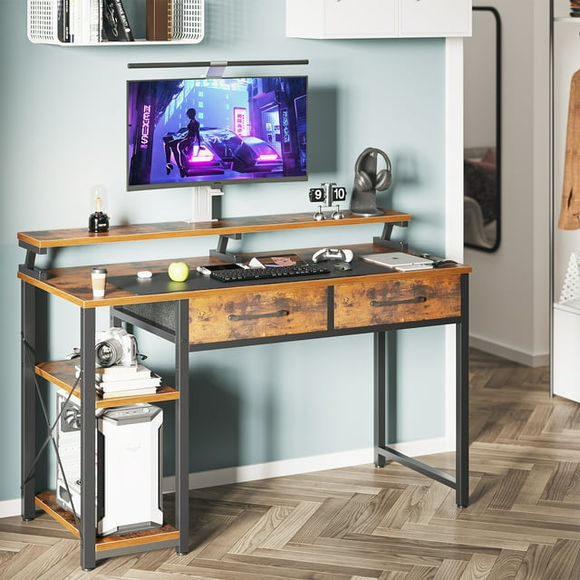 Computer Desk with Drawers and Storage Shelves, 48 inch Home Office Desk with Monitor Stand, Work Study PC Desk for Small Spaces, Rustic Brown