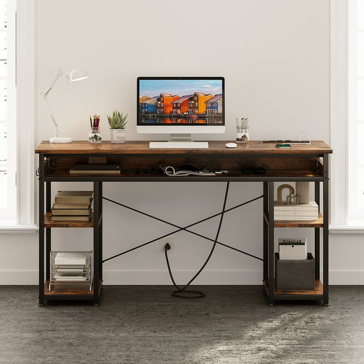 48 inch Simple Design Computer Desk with Charging Station, Modern Office Desk with Shelves, Vintage