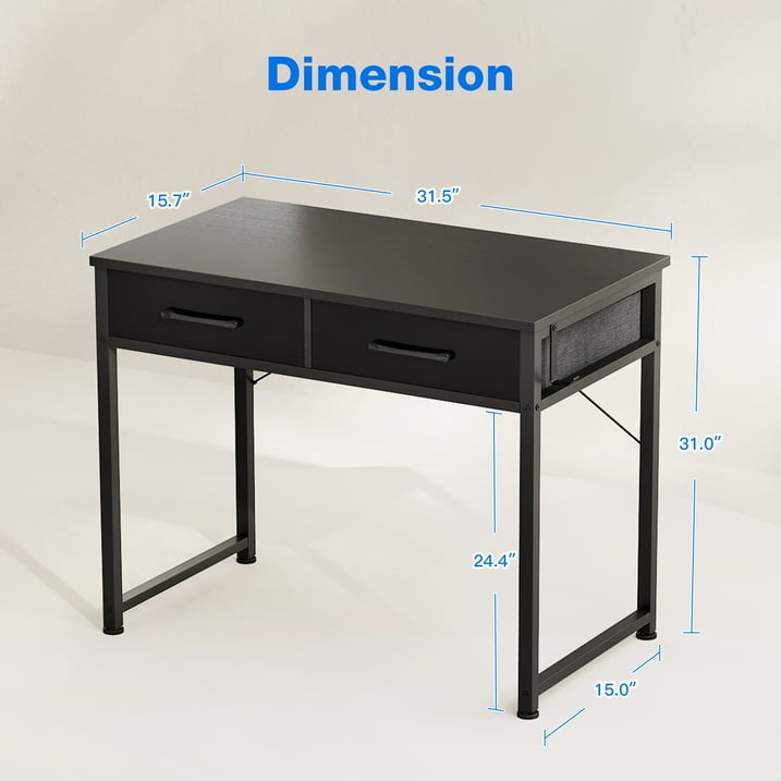 32 Inch Black Writing Desk with 2 Fabric Drawers, Modern Study Table with Storage for Student/Kids, Small Computer Desk for Small Space, Home Office Desk