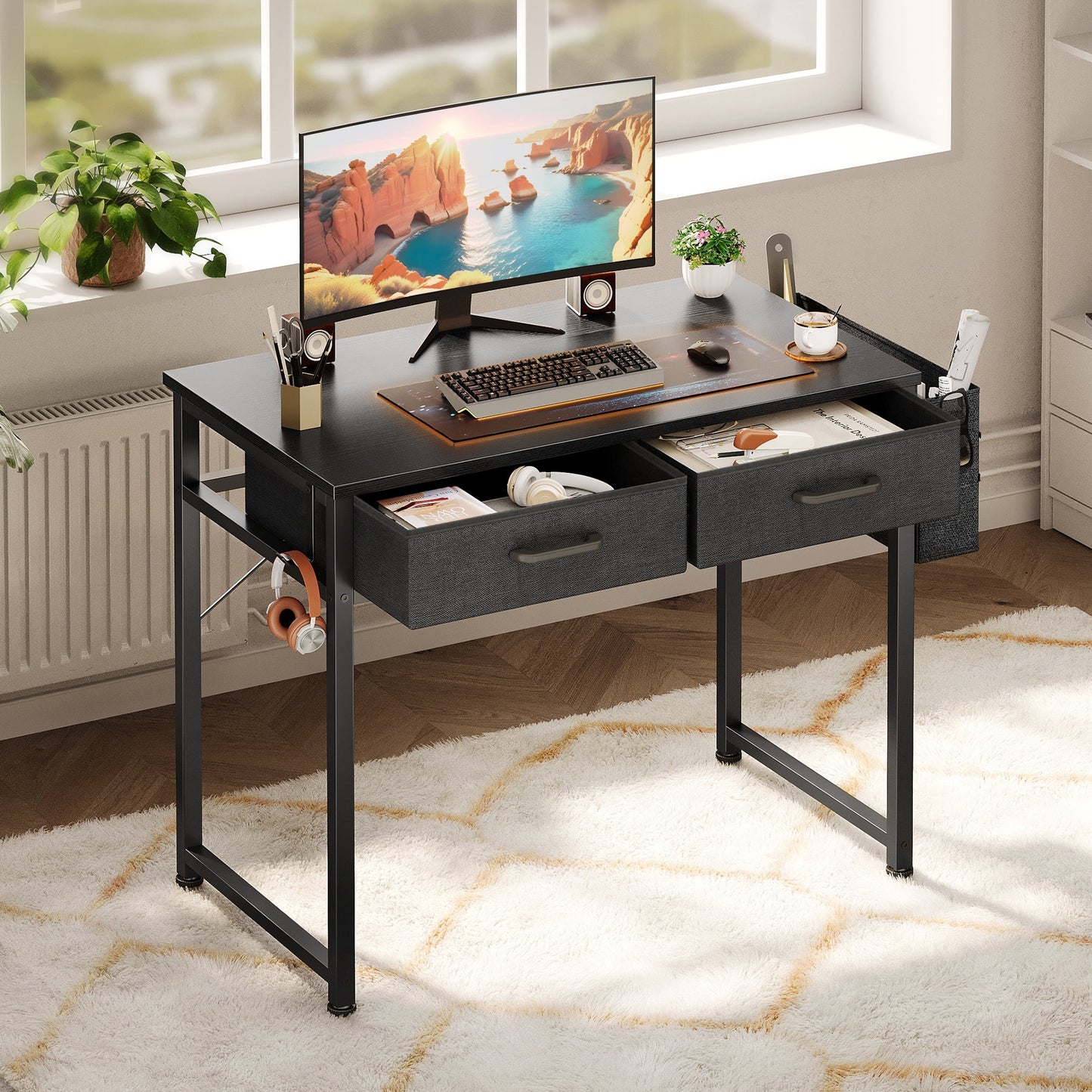 32 Inch Black Writing Desk with 2 Fabric Drawers & Storage Bag, Modern Study Table with Storage for Student/Kids, Small Computer Desk for Small Space, Home Office Desk