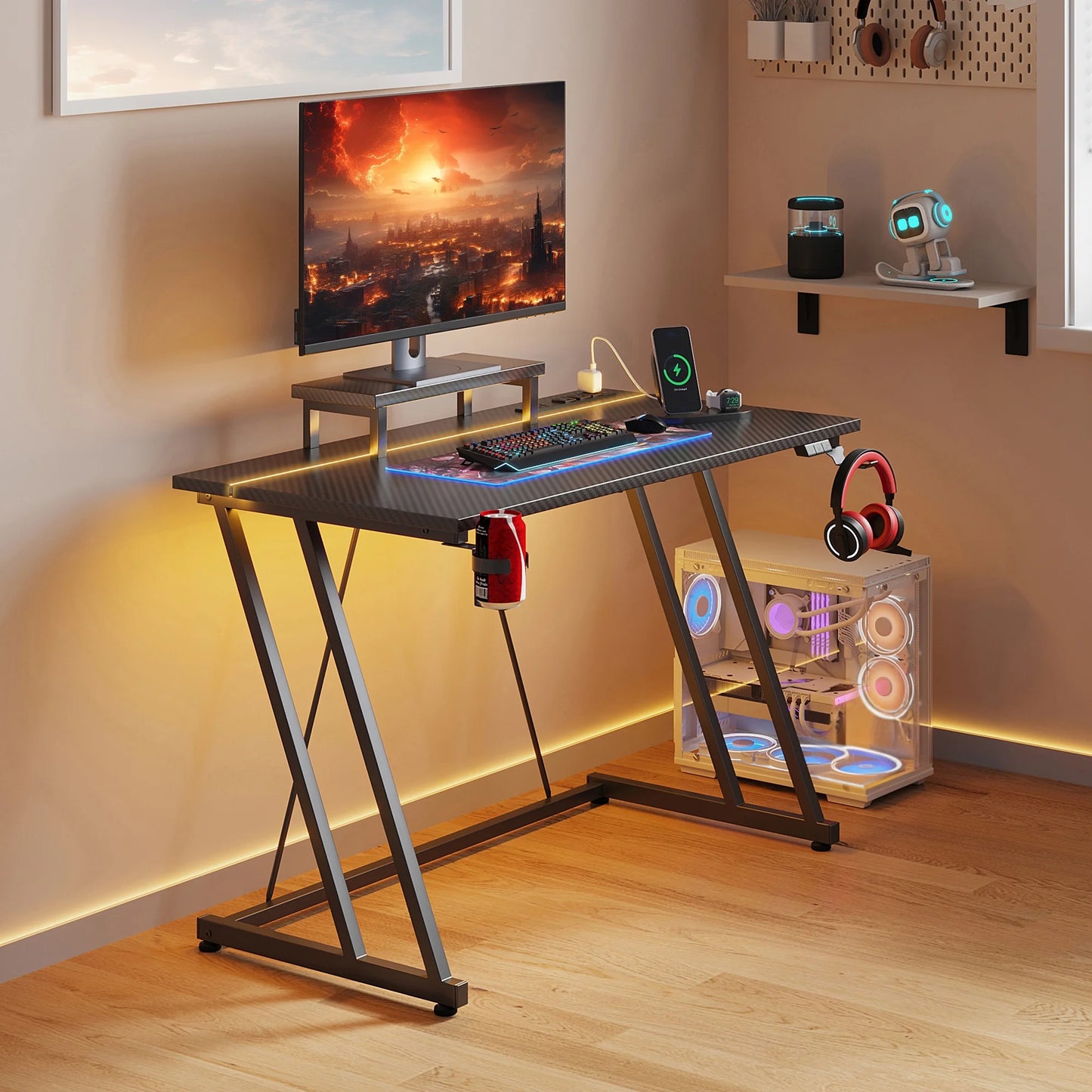 31.5inch Small Gaming Desk with LED Lights & Power Outlet, Computer Desk with Movable Monitor Shelf for Small Space, Gaming Table with Carbon Fiber Texture, Kids Desk Gift for Boys Men, Pure Black