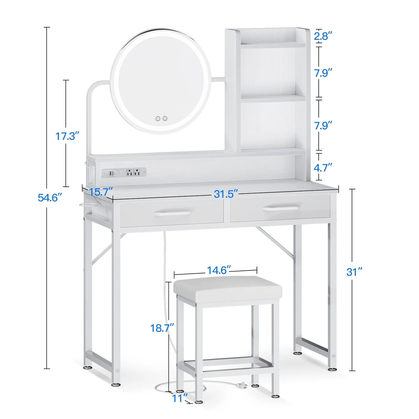 32 inch Small Vanity Desk with Charging Station & Mirror for Small Space, Make up Table with 2 Storage Drawers for Bedroom, Dressing Table with Storage Shelves, Pure White