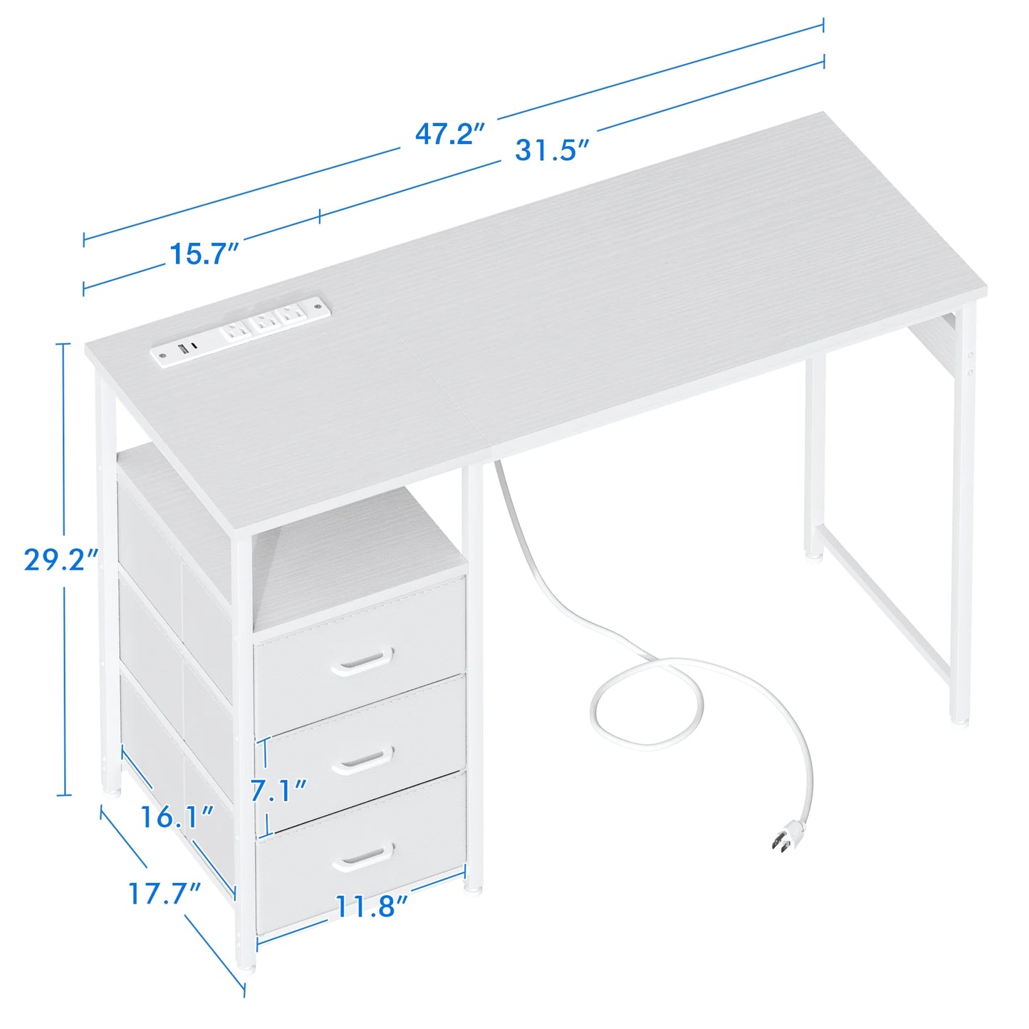 48 inch Computer Desk with Power Outlets, Home Office Desk with 3 Drawers, Writing Desk with Removable Monitor Shelf, Pure White