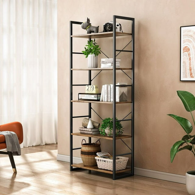 5 Tier Ladder Bookshelf, Industrial Open Bookcase Storage Organizer, Modern Tall Book Shelf for Bedroom, Living Room and Home Office, Rustic Brown