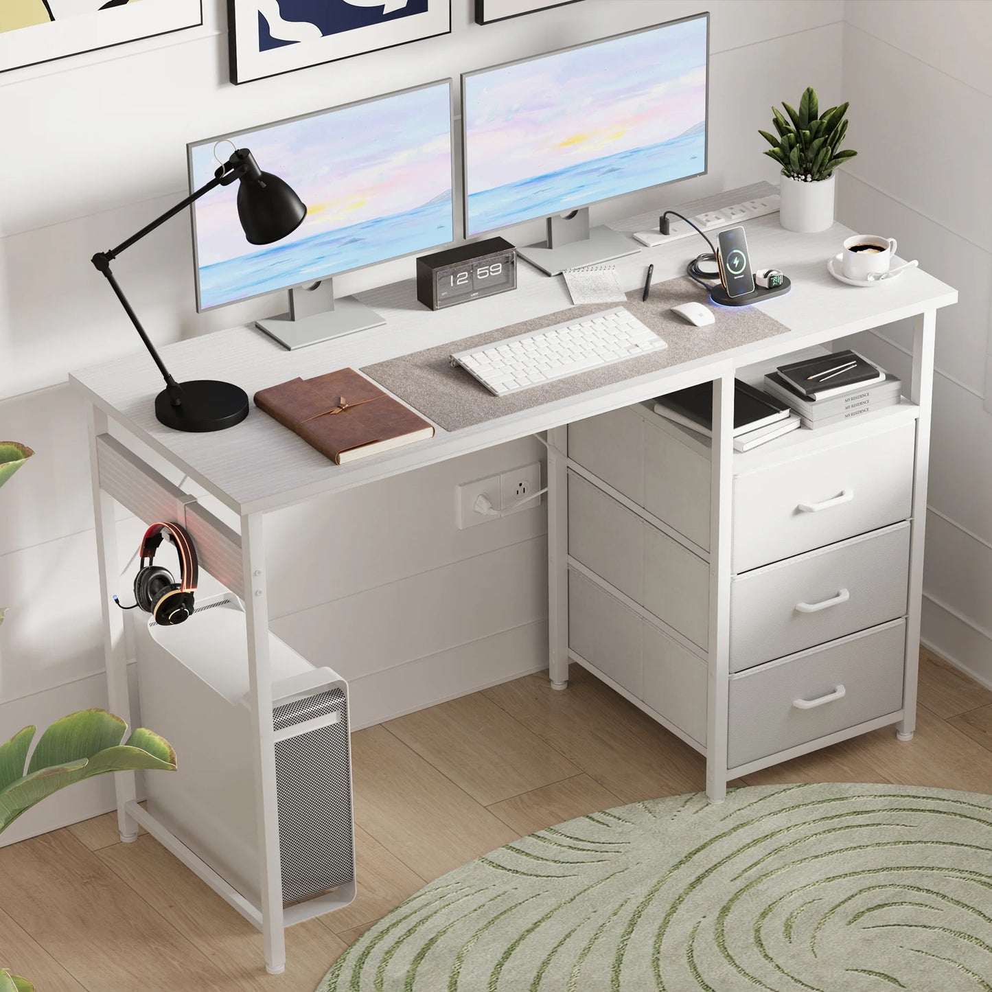 48 inch Computer Desk with Power Outlets, Home Office Desk with 3 Drawers, Writing Desk with Removable Monitor Shelf, Pure White