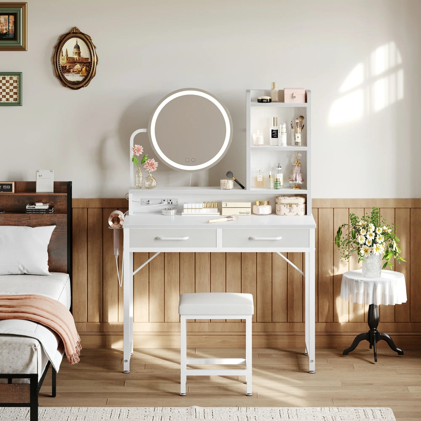 32 inch Small Vanity Desk with Charging Station & Mirror for Small Space, Make up Table with 2 Storage Drawers for Bedroom, Dressing Table with Storage Shelves, Pure White