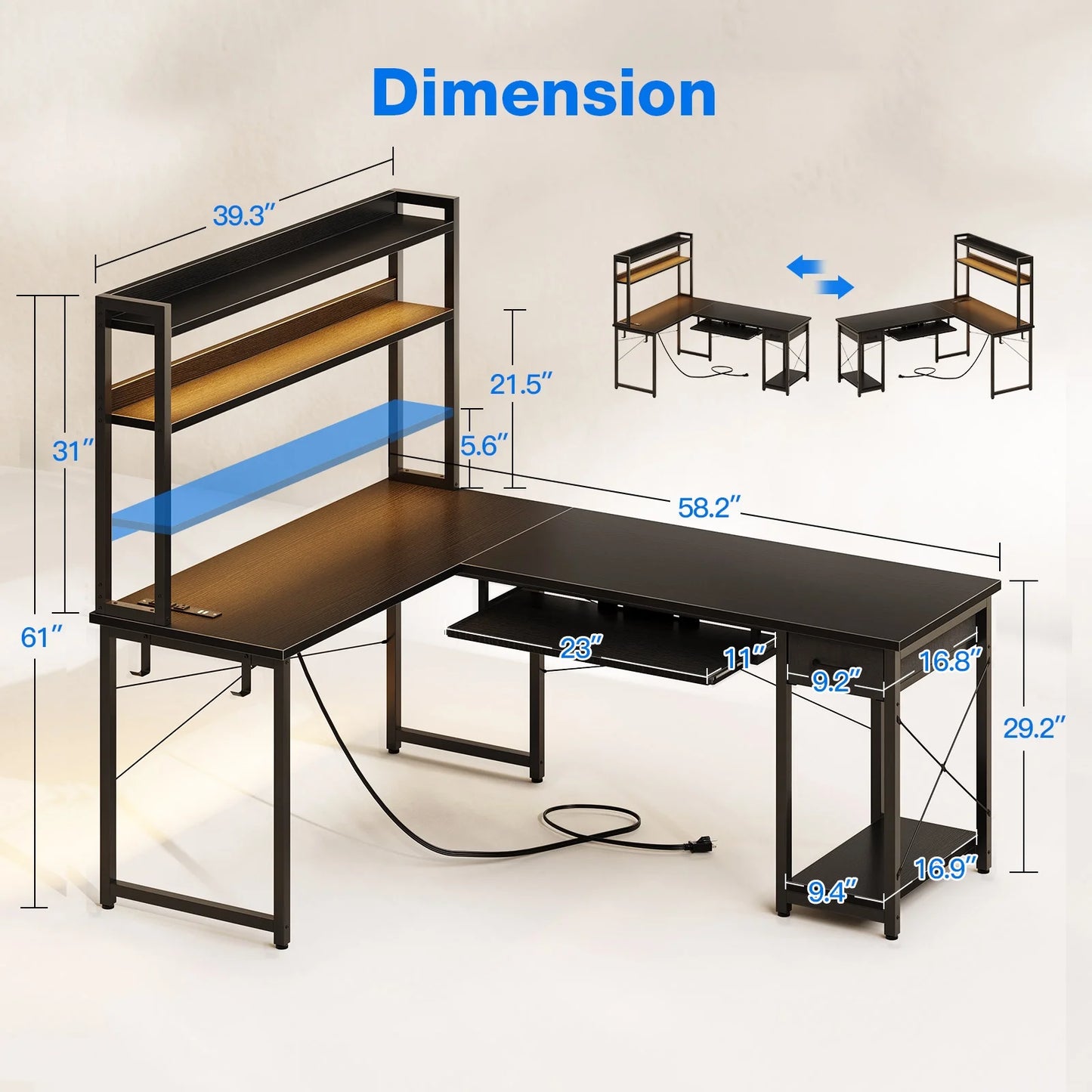 59" Reversible L-Shaped Gaming Desk with Power Outlets & LED Lights, Office Desk with Storage Drawer & Keybord Tray for Home Office, Corner Computer Desk with Hutch, Pure Black