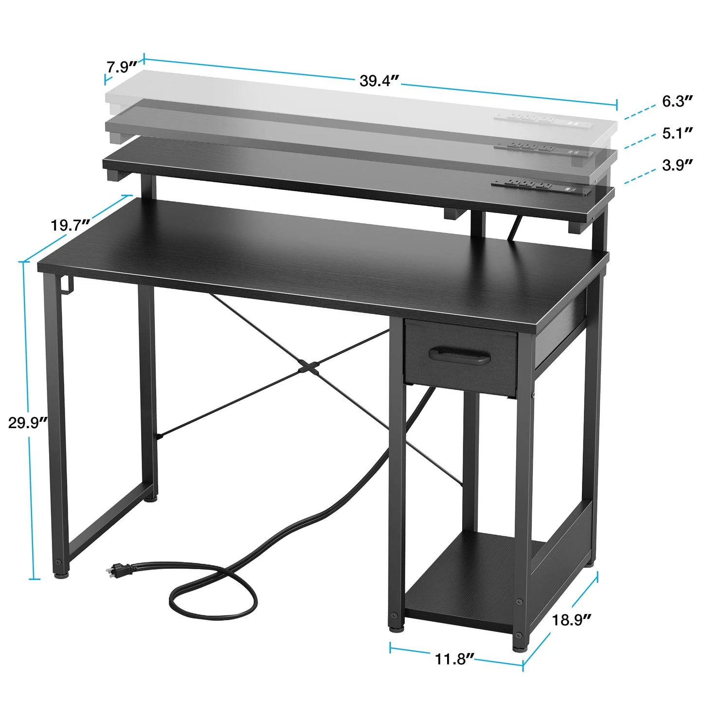 40 Inch Computer Desk with Drawers & Power Outlets, Study Writing Desk with Monitor Stand for Small Space, Modern Simple Style Laptop Desk for Bedroom, Gaming, Home Office, Black