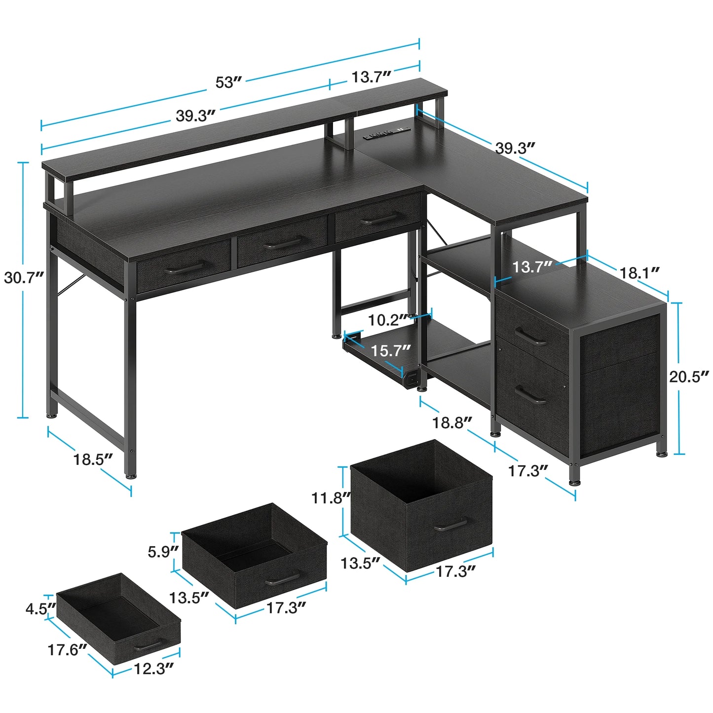 L Shaped Gaming Desk with File Drawer & Power Outlet, 53" Reversible Home Office Desk with Monitor Stand & Storage Drawers, Modern Corner Computer Desk with CPU Stand & Printer Storage Shelves, Black