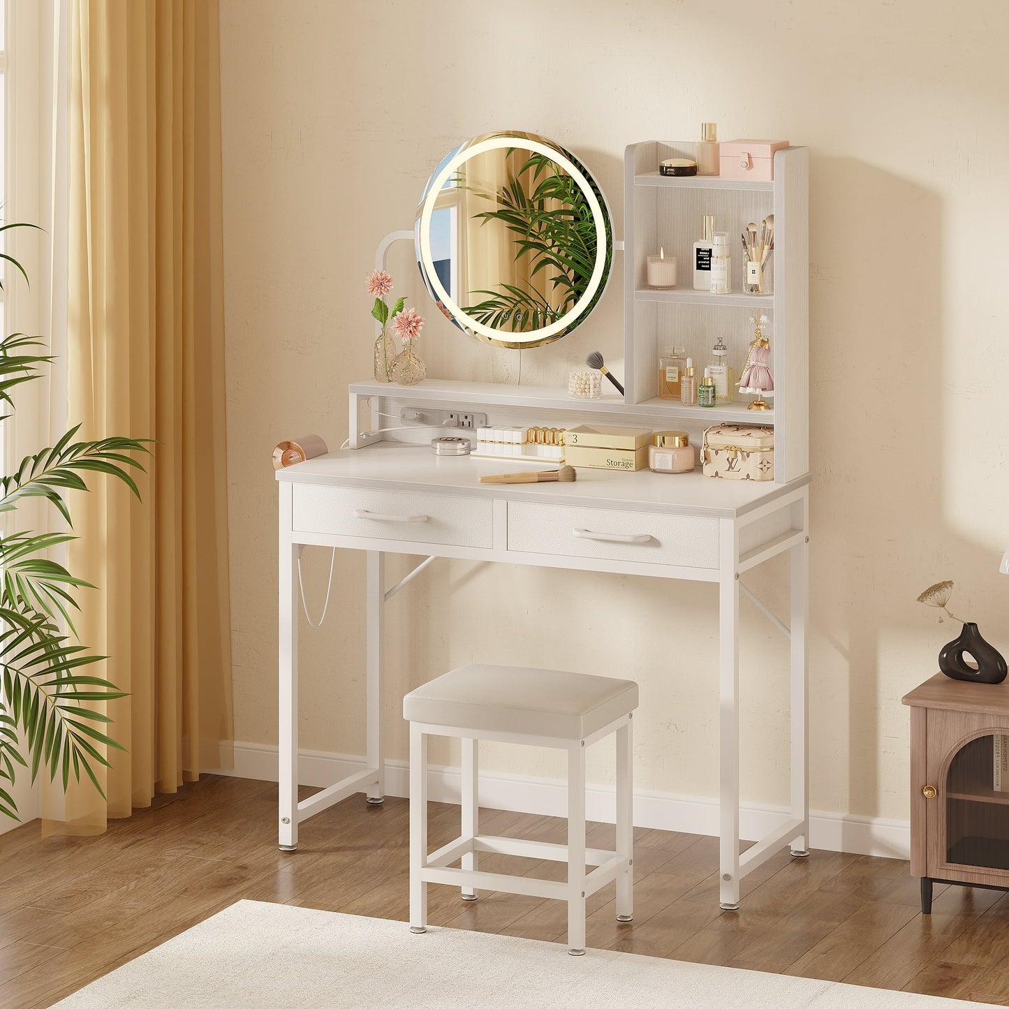 32 inch Small Vanity Desk with Charging Station & Mirror for Small Space, Make up Table with 2 Storage Drawers for Bedroom, Dressing Table with Storage Shelves, Pure White