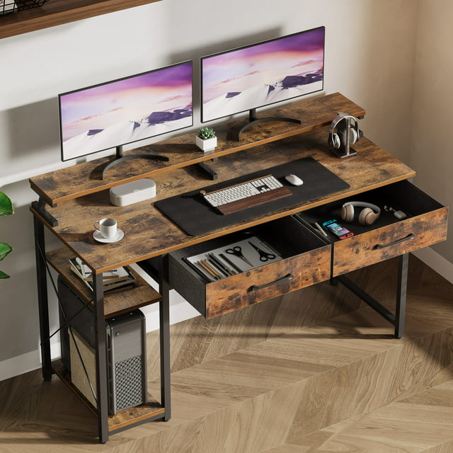 Computer Desk with Drawers and Storage Shelves, 48 inch Home Office Desk with Monitor Stand, Work Study PC Desk for Small Spaces, Rustic Brown