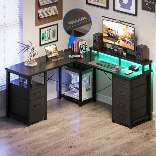 L Shaped Desk with Drawer, 59 inch Computer Desk with Monitor Stand, Reversible Corner Desk, Gaming Desk with Storage Shelves, Home Office Desk, Black