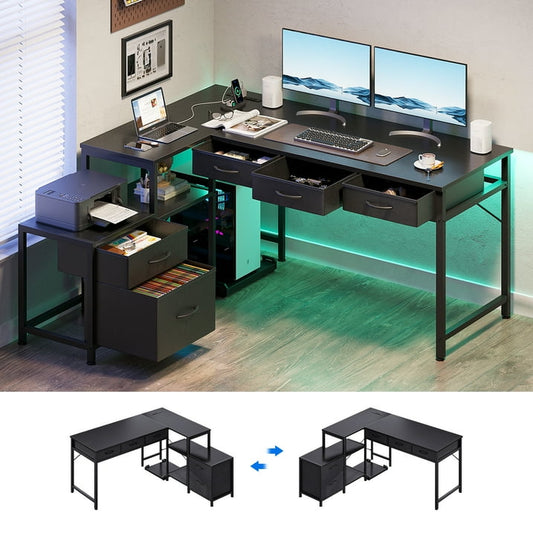 L Shaped Gaming Desk, 53" Reversible Home Office Desk with File Drawer & Power Outlet, Modern Corner Computer Desk with CPU Stand, Printer Storage Shelves, Black