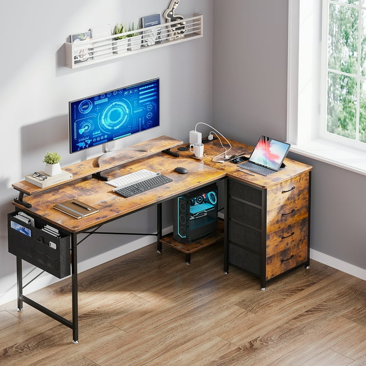 L Shaped Gaming Desk, 63 inch Corner Computer Desk with Power Outlet & USB Charging Port, Modern Writing Desk with 4-Tier Drawer & Monitor Shelf for Home Office, Vintage