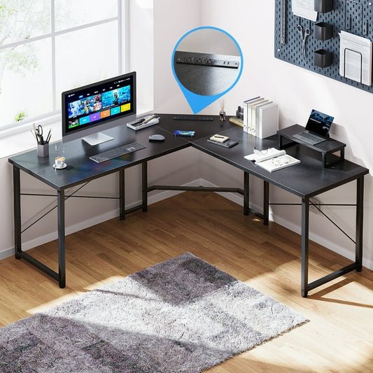 L Shaped Gaming Desk with Charging Station, 51 Inch Computer Desk with Monitor Stand, PC Gaming Desk, Corner Desk Table for Home Office Sturdy Writing Workstation, Black