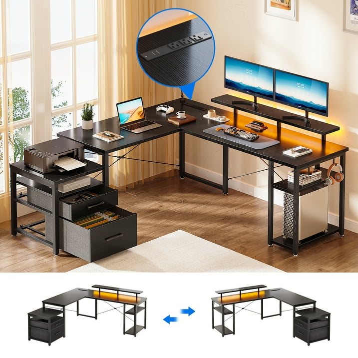 L Shaped Gaming Desk with Drawers, 59" Reversible Computer Desk with File Drawer, Corner Computer Desk with Storage Shelves & Monitor Stand, Home Office Desk Workstation, Black