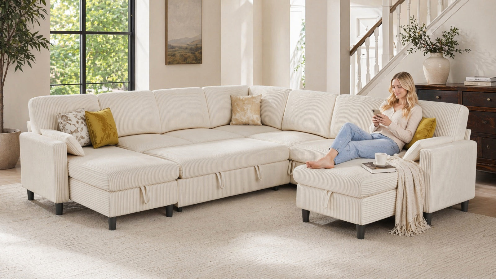 PANDORA 4 Seats U Shape Sectional Sofa Bed