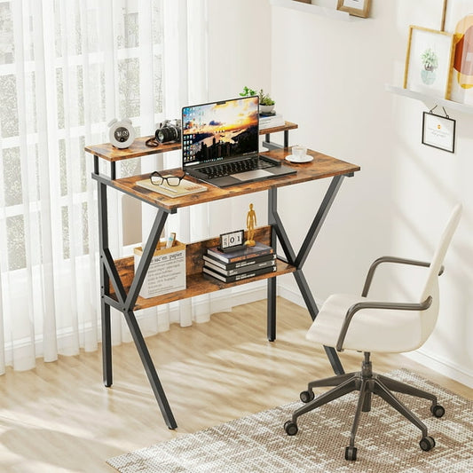 Small Computer Desk with Monitor for Kid, 27.5 inch Studying Writing Table for Home Office, Modern Style Computer Desk for Small Space with Storage Shelf, Vintage