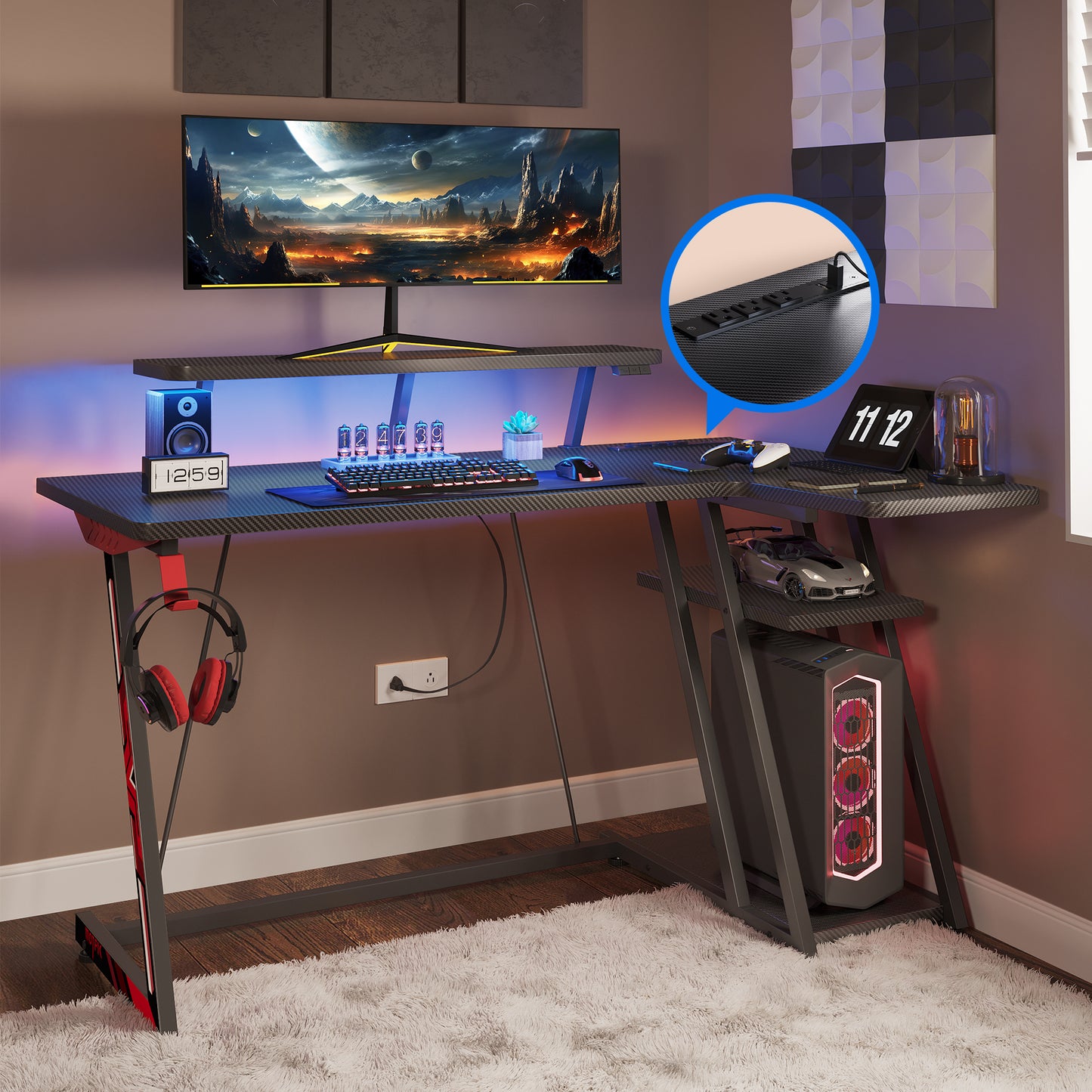 39 Inch Gaming Desk L Shaped with Storage Shelf & Power Outlets, Small Corner Computer Desk with Monitor Shelf, L Shaped Desk with Carbon Fiber Surface, Gamer Desk Gaming Table, Black