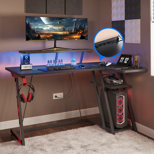 39 Inch Gaming Desk L Shaped with Storage Shelf & Power Outlets, Small Corner Computer Desk with Monitor Shelf, L Shaped Desk with Carbon Fiber Surface, Gamer Desk Gaming Table, Black