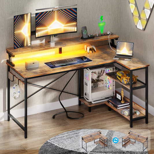 48 inch Reversible L Shaped Gaming Desk with LED Lights & Power Outlet, Corner Computer Desk with Storage Shelves & CPU Stand, Home Office Desk with Monitor Shelf, Modern Writing Table, Vintage