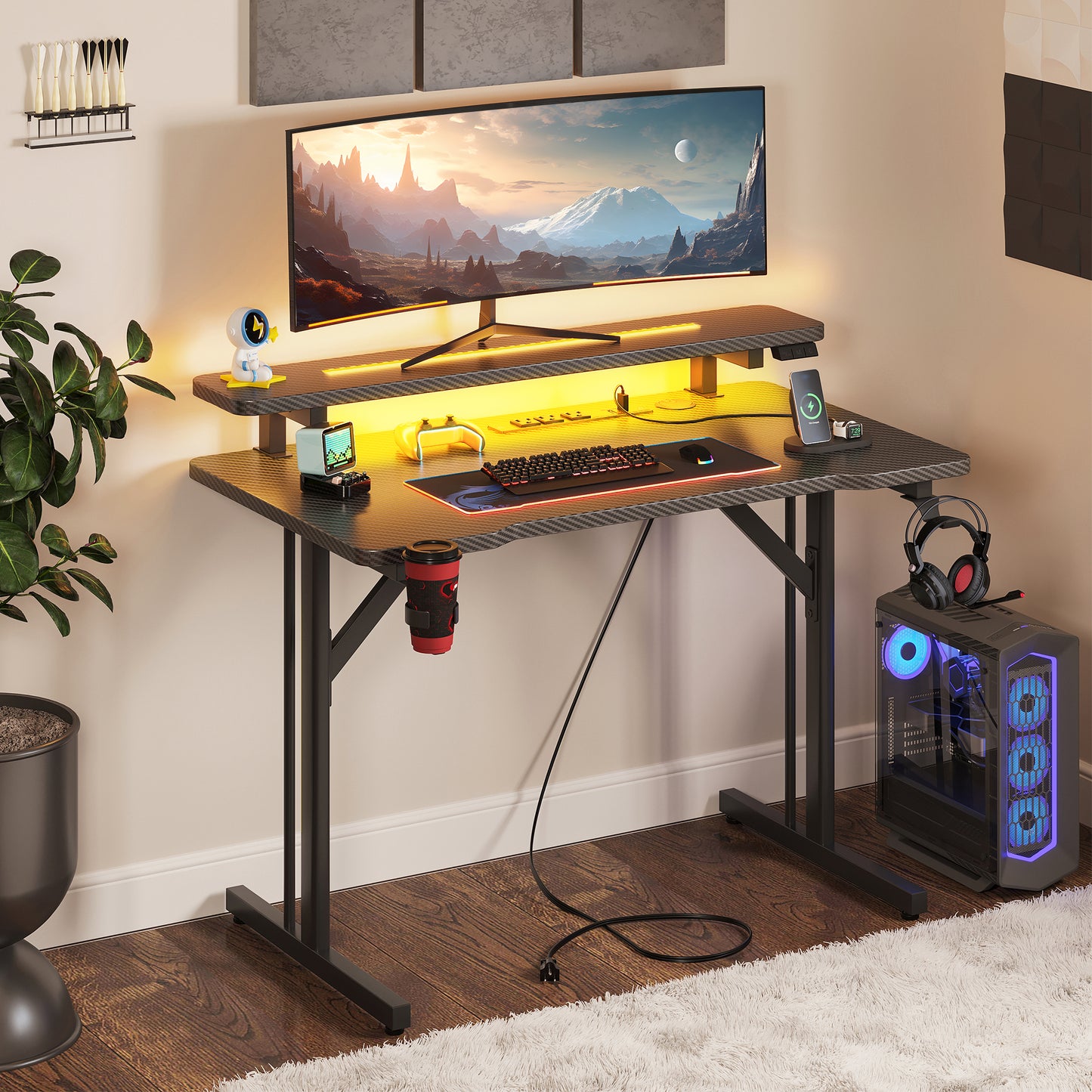 31 inch Small Gaming Desk with Power Outlets & LED Lights, Computer Desk Gaming Table with Monitor Shelf, Gamer Desk with Carbon Fiber Texture, Kids Boys Desk Gift for Men, Pure Black