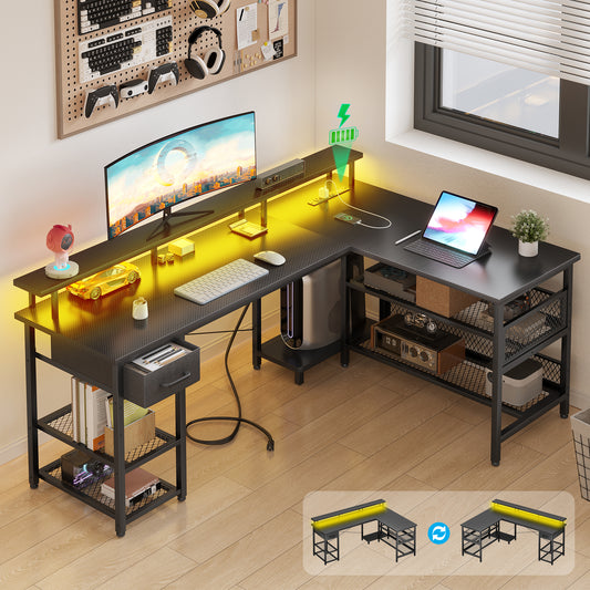 Reversible 59 inch L Shaped Computer Desk with LED Lights & Power Outlet, Gaming Table with Monitor Stand & Storage Drawer, Corner Desk with Storage Shelves, Pure Black