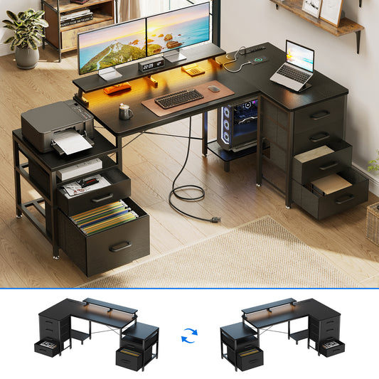 L Shaped Desk with 6 Drawers & Power Outlet, 55" Computer Desk with File Drawer & Monitor Shelf, Printer Storage Shelves, Large Work Desk for Home Office, Black