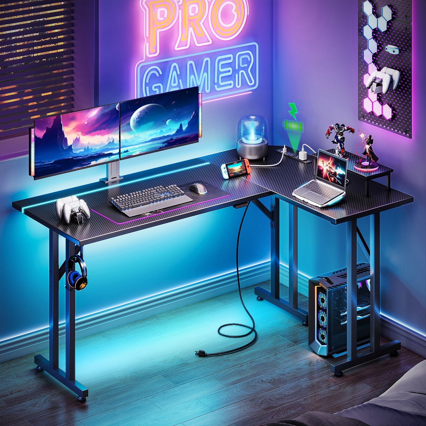 51 inch Gaming Desk with LED Lights & Power Outlet, Gaming Table with Movable Monitort Shelf Kids Desk Gift for Boys Men, Home Office Desk with Headphone Hook, Carbon Fiber Black