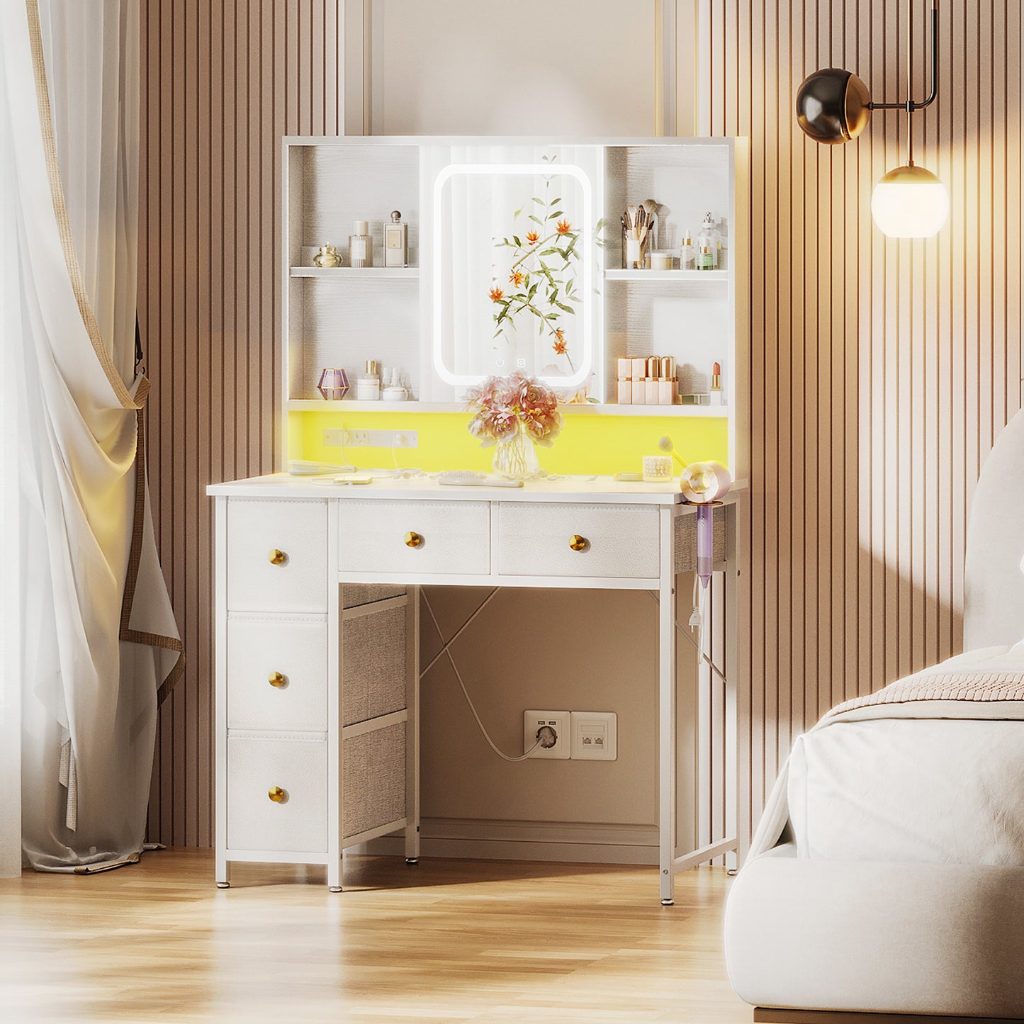 36 inch Reversible Vanity Desk with Charging Station & Mirror for Small Space, Make Up Table with 5 Storage Drawers for Bedroom, Dressing Table with Storage Shelves, Pure White