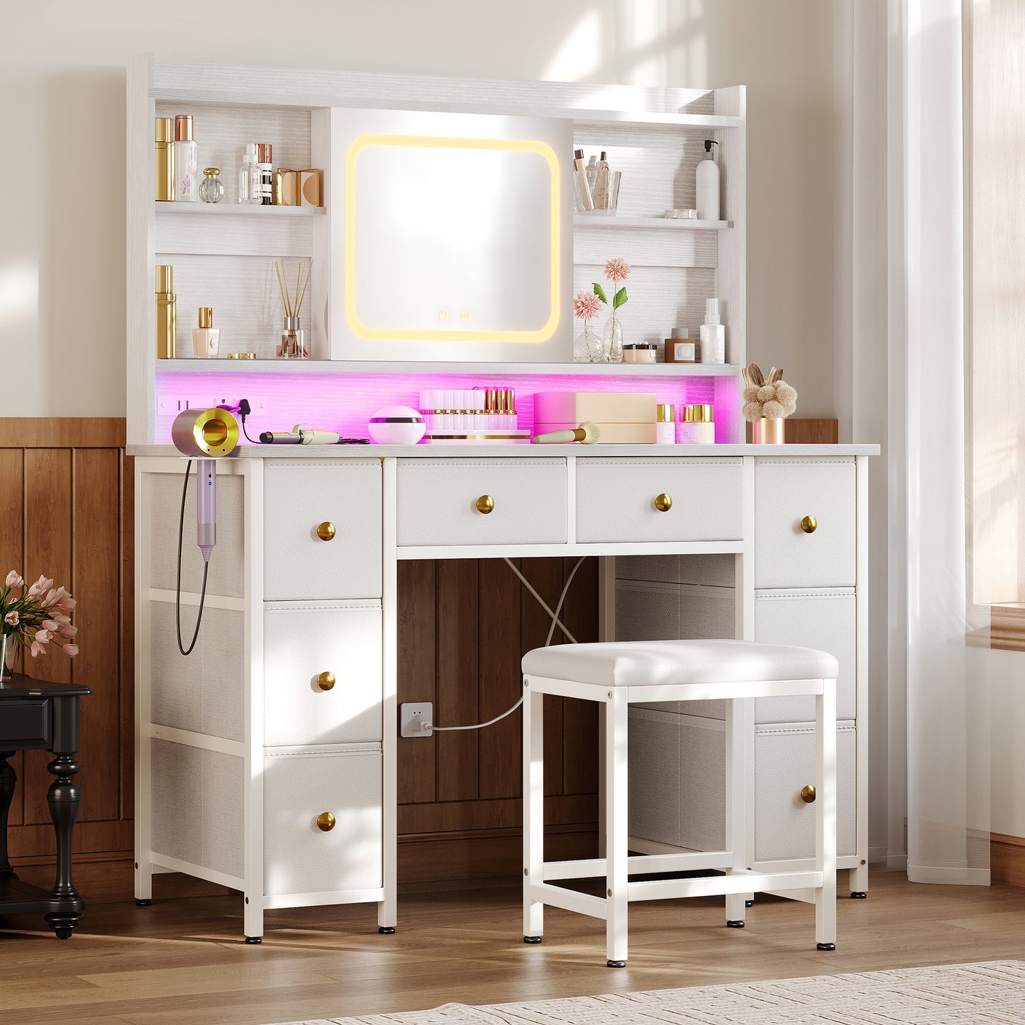 44 inch Vanity Desk with Charging Station & Mirror for Small Space, Make up Table with 8 Storage Drawers for Bedroom, Dressing Table with Storage Shelves, Pure White