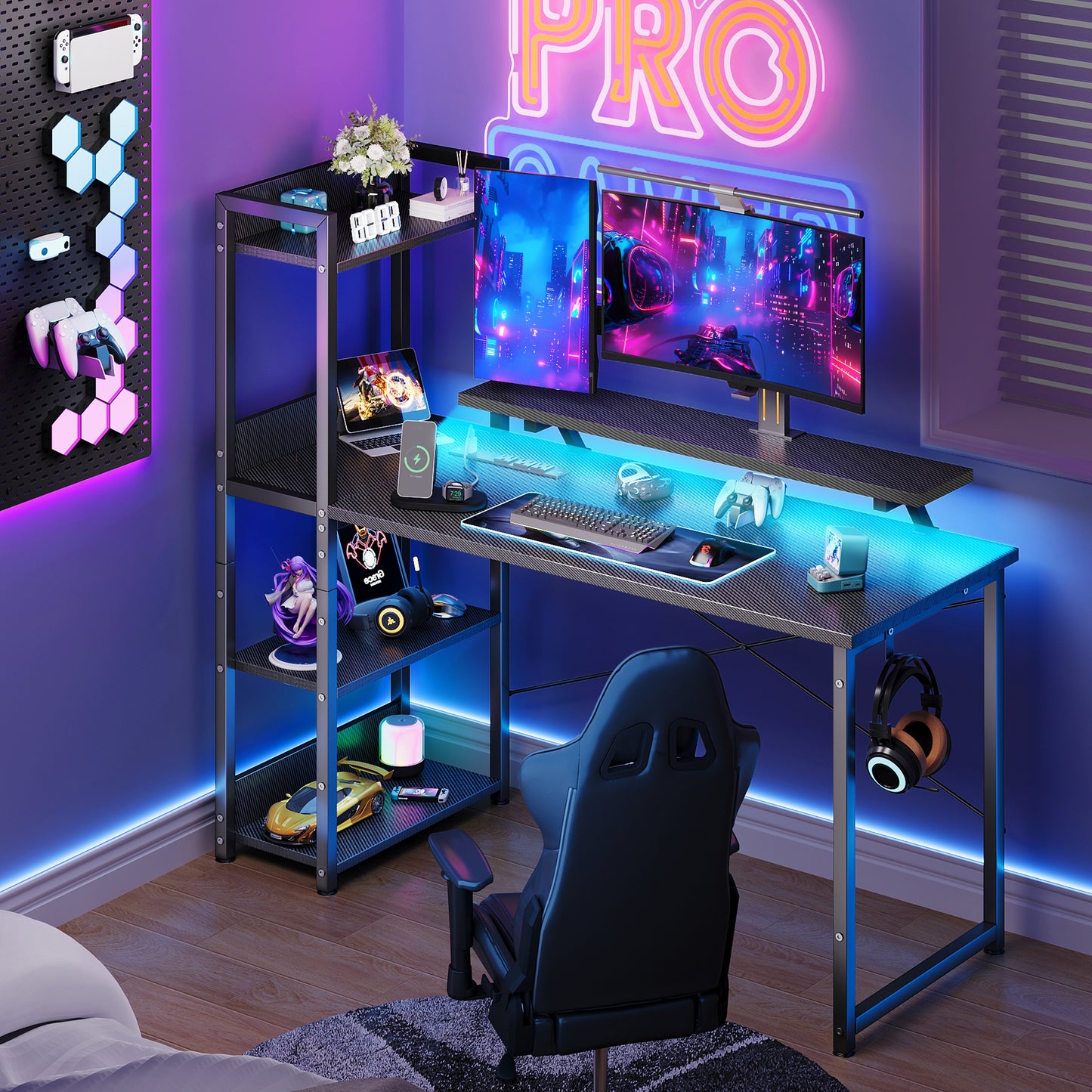 40 inch Reversible Gaming Desk with Power Outlets & LED Lights, Computer Desk with Storage Shelves and Monitor Stand, Small Gamer Desk for Small Space, Carbon Fiber Black