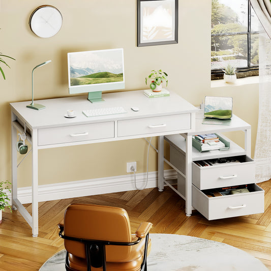 KKL Computer Desk with 4 Drawers and USB Power Outlets, Reversible Home Office Desk with Printer Stand, Small Desk with Storage Shelf, Study Writing Work Table for Bedroom, Vanity Desk, White, 53"