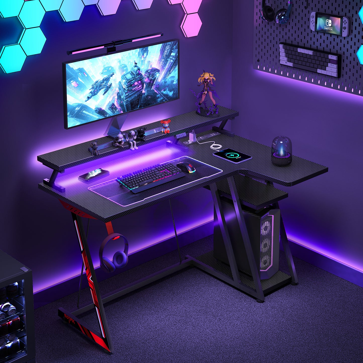 39 Inch Gaming Desk L Shaped with Storage Shelf & Power Outlets, Small Corner Computer Desk with Monitor Shelf, L Shaped Desk with Carbon Fiber Surface, Gamer Desk Gaming Table, Pure Black