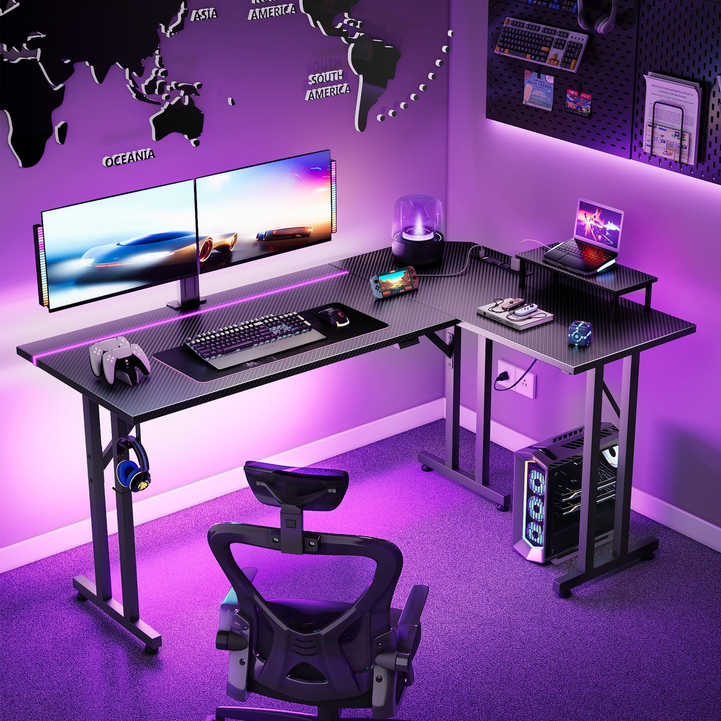 51 inch Gaming Desk with LED Lights & Power Outlet, Gaming Table with Movable Monitort Shelf Kids Desk Gift for Boys Men, Home Office Desk with Headphone Hook, Carbon Fiber Black