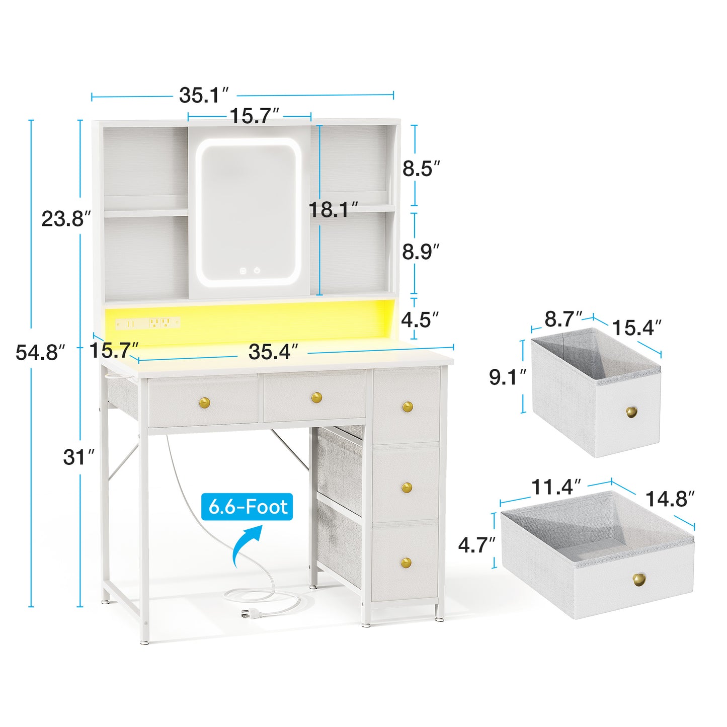 36 inch Reversible Vanity Desk with Charging Station & Mirror for Small Space, Make Up Table with 5 Storage Drawers for Bedroom, Dressing Table with Storage Shelves, Pure White