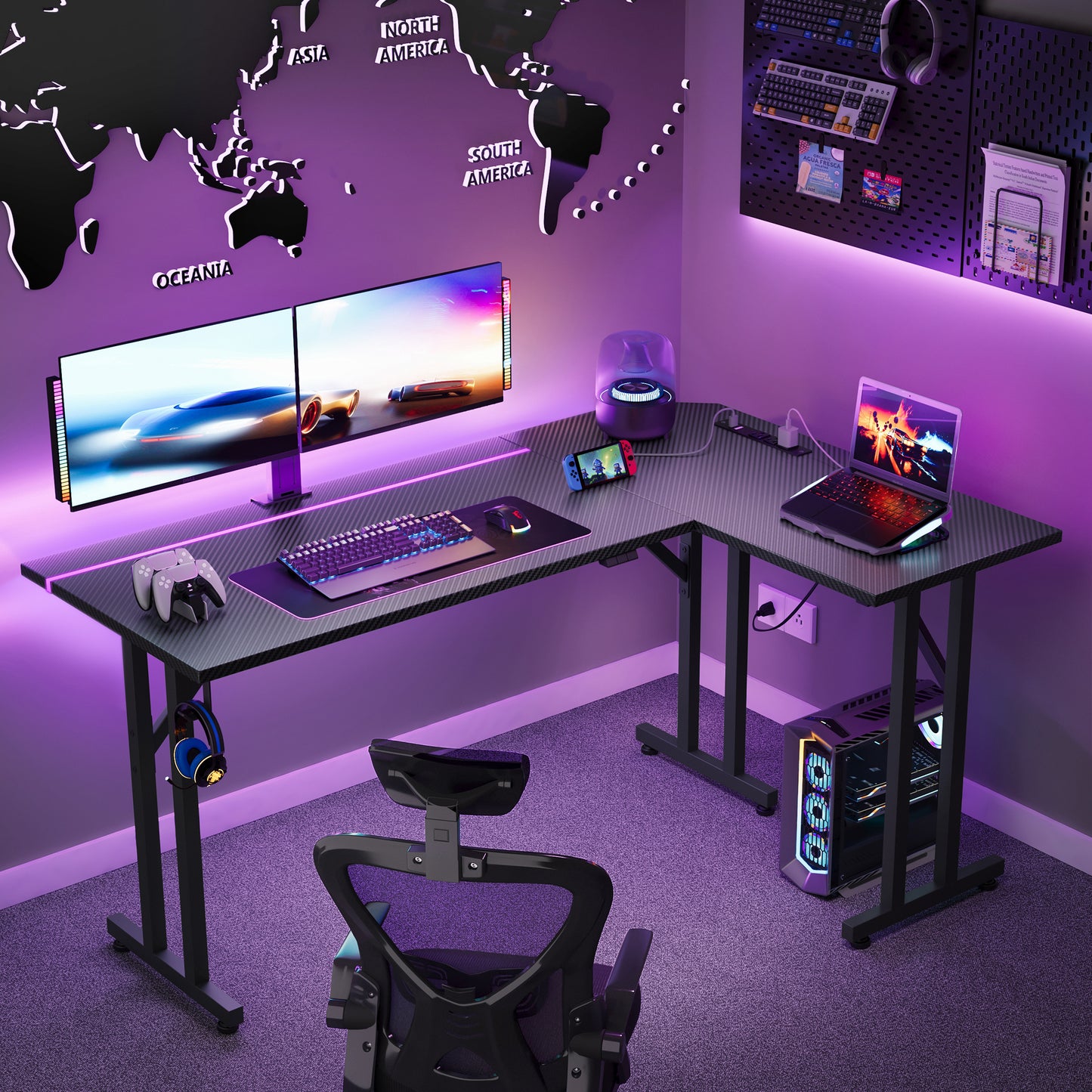 51 inch Gaming Desk with LED Lights & Power Outlet, Gaming Table with Carbon Fiber Texture, Kids Desk Gift for Boys Men, Home Office Desk with Headphone Hook, Black