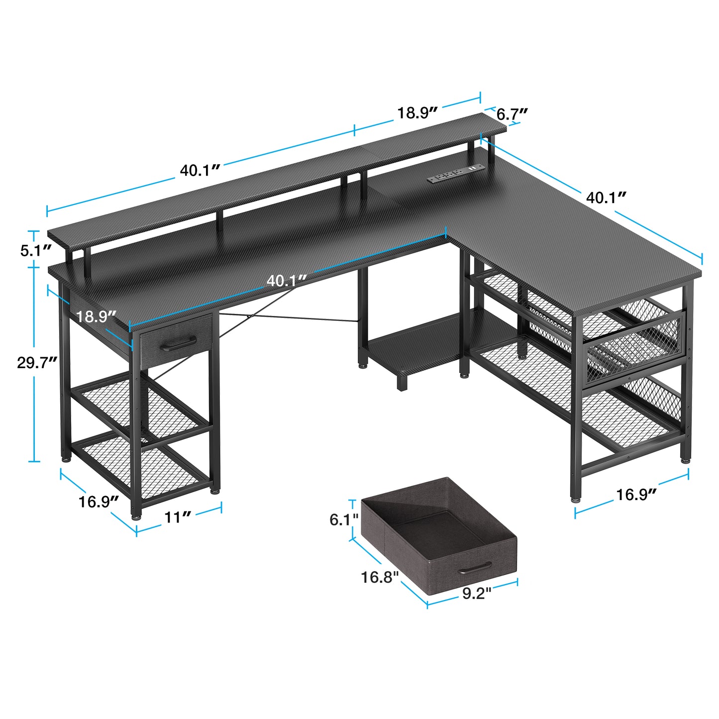 Reversible 59 inch L Shaped Computer Desk with LED Lights & Power Outlet, Gaming Table with Monitor Stand & Storage Drawer, Corner Desk with Storage Shelves, Pure Black