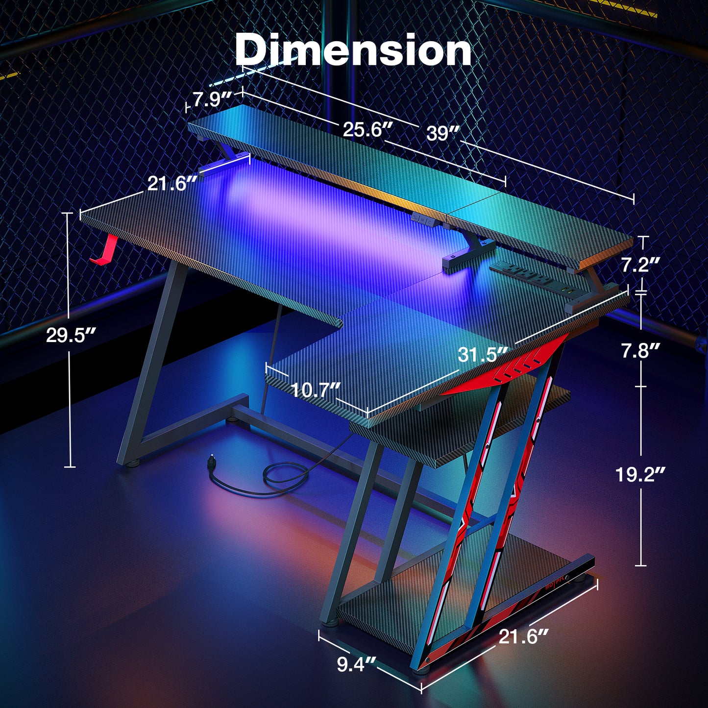 39 Inch Gaming Desk L Shaped with Storage Shelf & Power Outlets, Small Corner Computer Desk with Monitor Shelf, L Shaped Desk with Carbon Fiber Surface, Gamer Desk Gaming Table, Pure Black